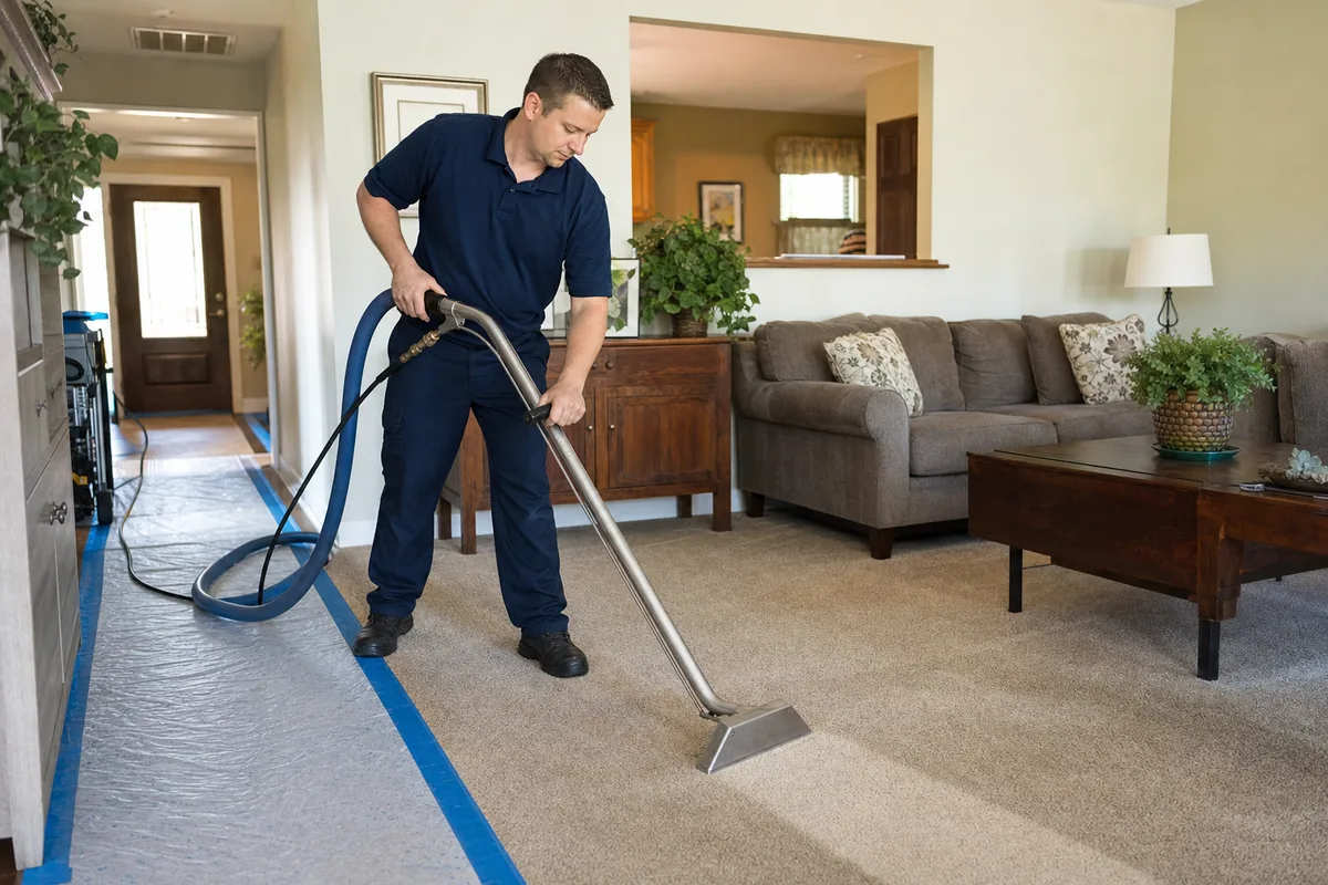 Technician preparing carpet and upholstery cleaning across northwest indiana in a Hammond home