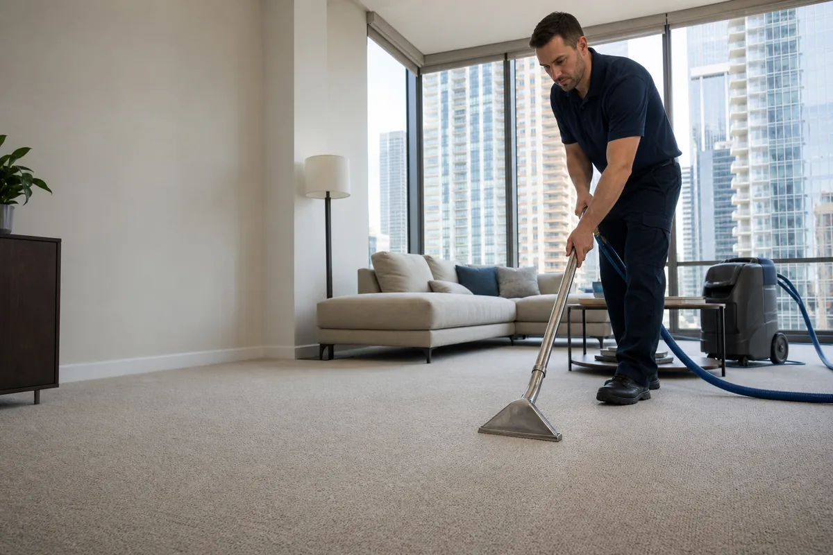 Technician preparing highland carpet & upholstery cleaning in a Highland home
