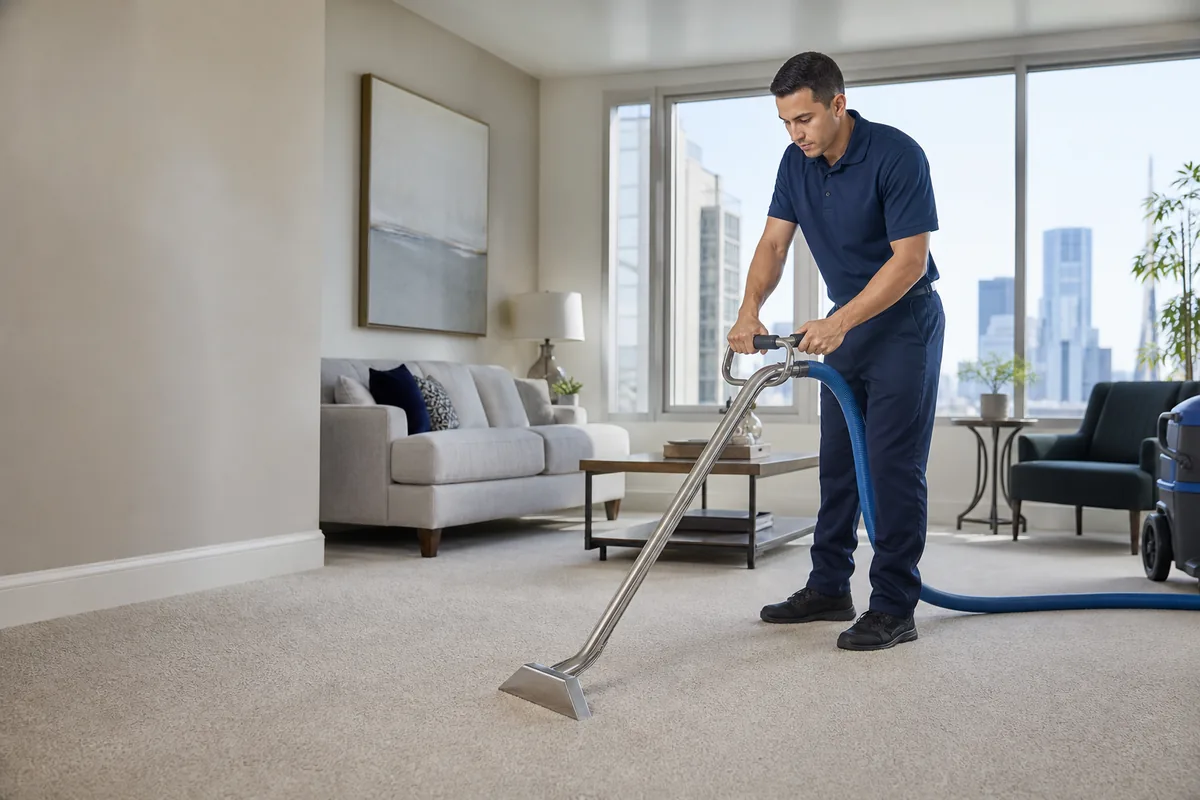 Technician preparing munster carpet & upholstery cleaning in a Munster home