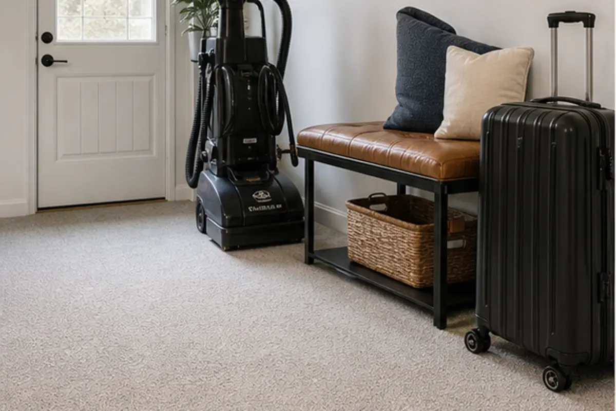 Technician treating a small carpet spot beside a neatly made rental bed