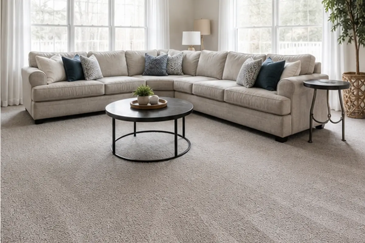 Fresh rental entry carpet with luggage bench and natural daylight