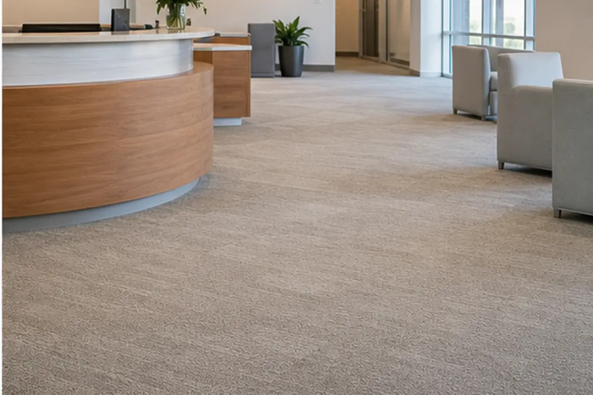 Commercial entry carpet drying with caution markers and clear access