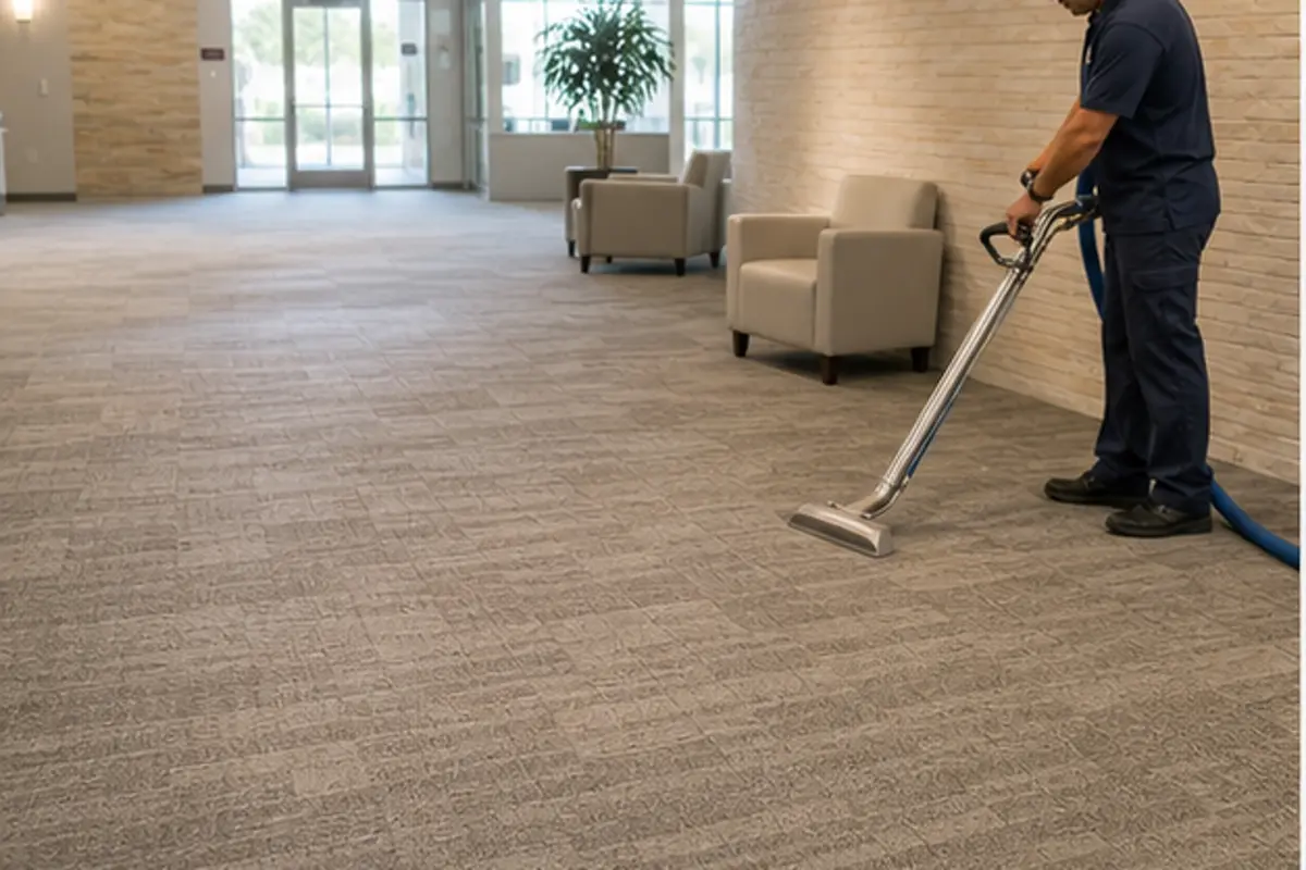 Technician mapping carpet lanes in a bright Hammond office lobby