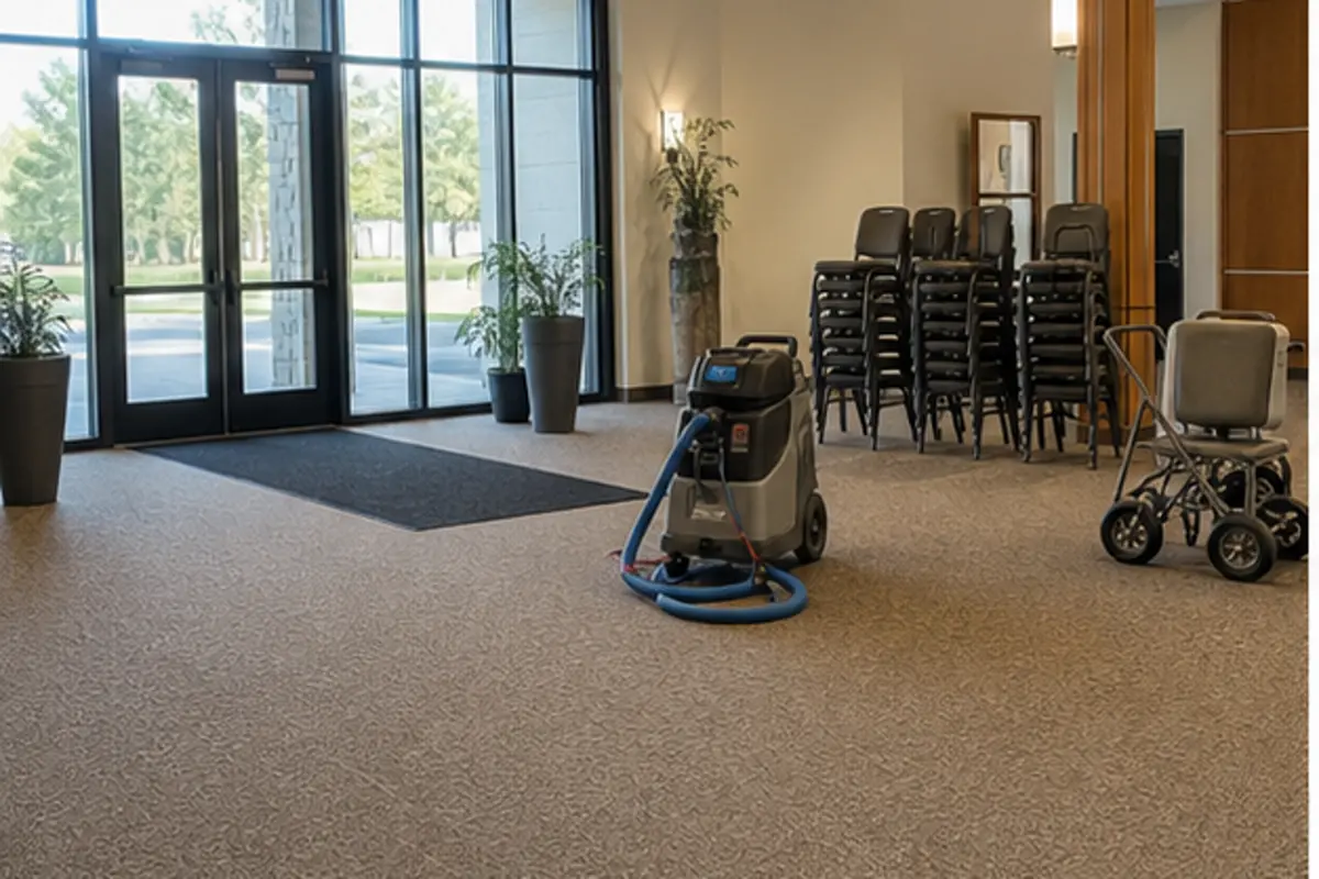 Technician carefully cleaning carpet along a church sanctuary aisle