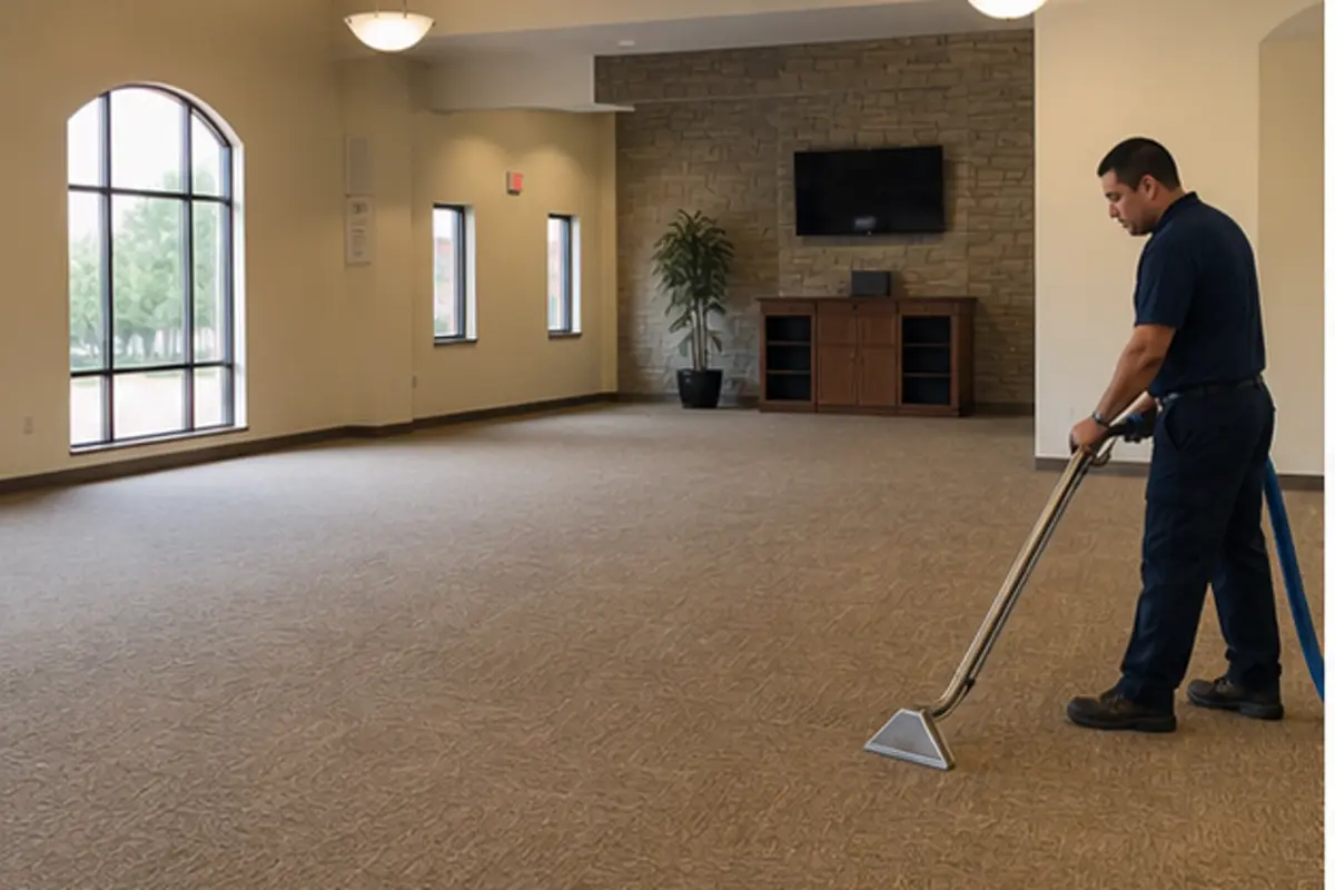 Warm Hammond church fellowship hall with carpeted seating area and daylight