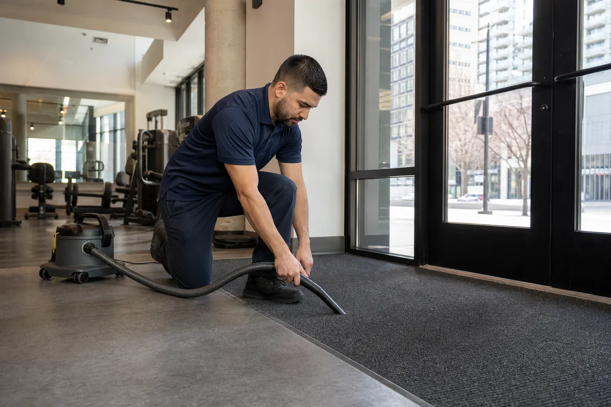 Technician performing dry soil removal around entry mat edges