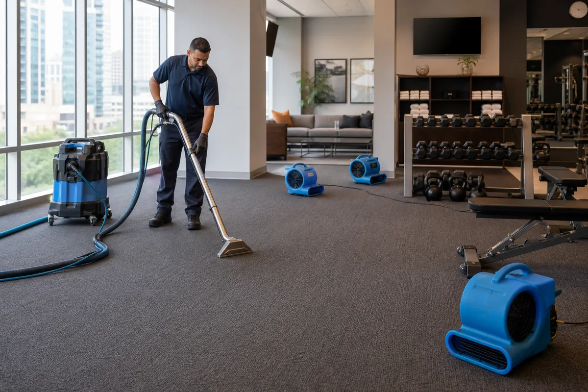 Fitness lounge carpet divided into a drying zone away from fixed exercise equipment