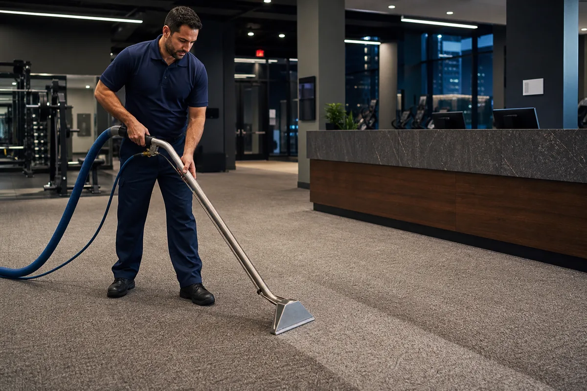 Hammond fitness center reception carpet beside a clear transition to rubber flooring