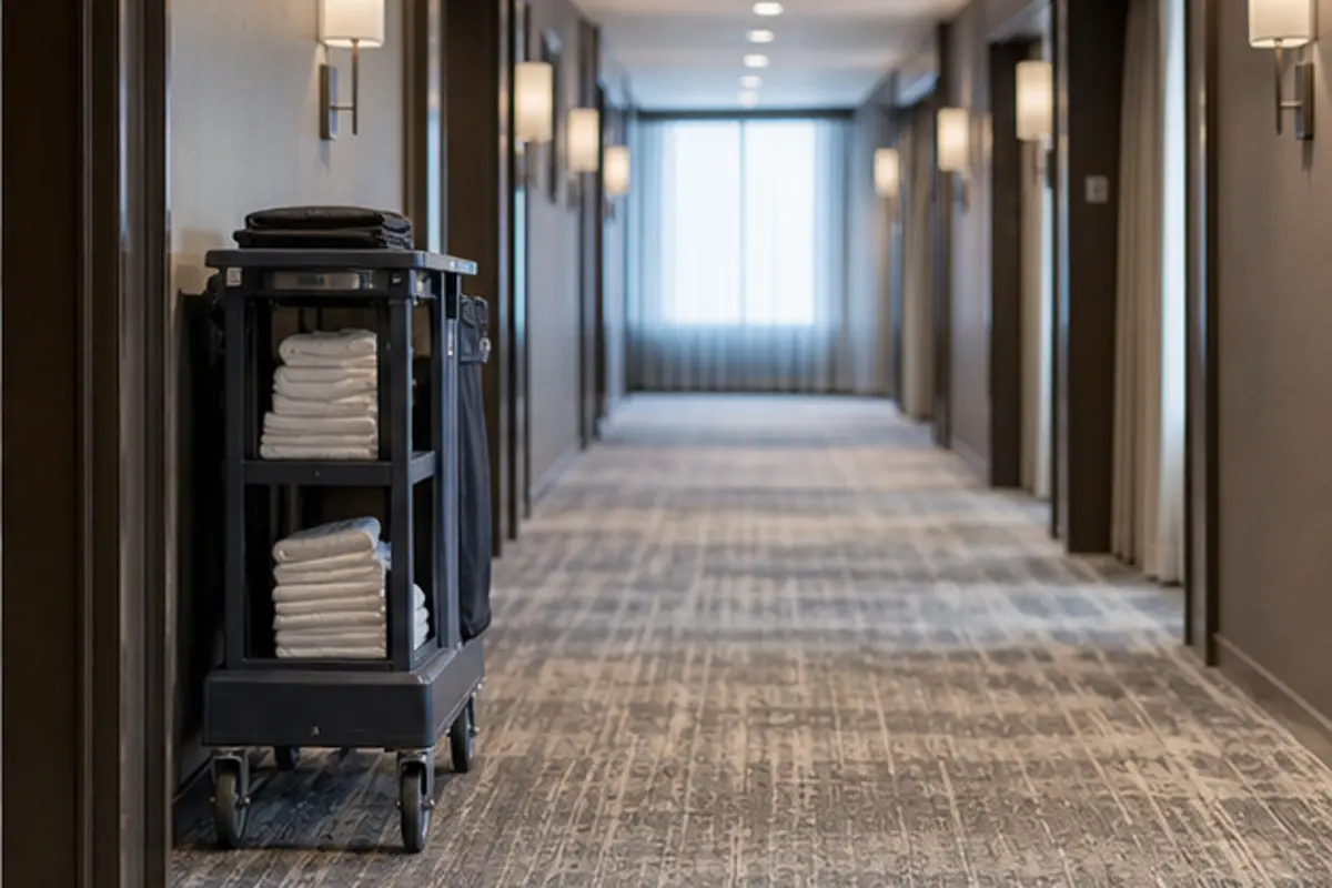 Hammond hotel lobby with patterned carpet, lounge chairs, and natural window light
