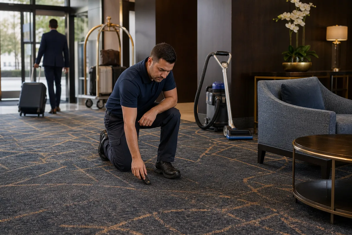 Lobby carpet inspection near luggage traffic and upholstered seating