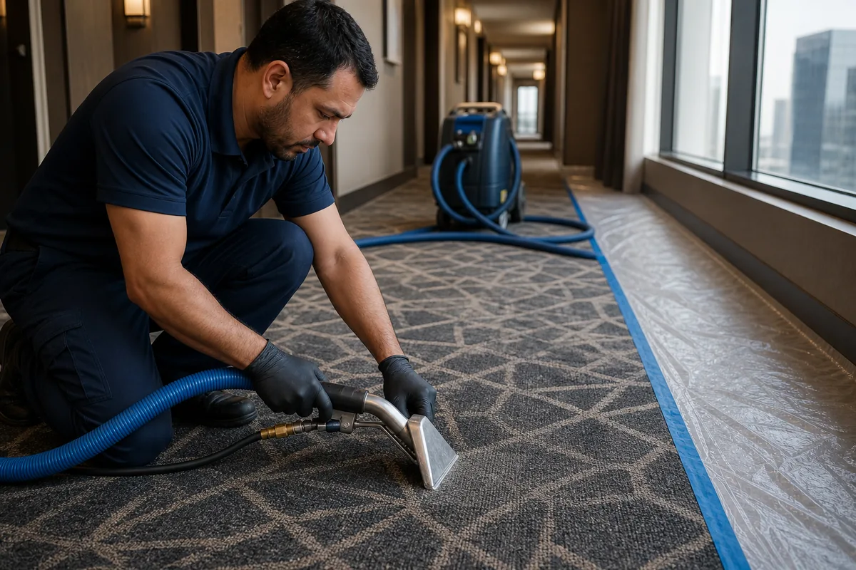 Hammond hotel corridor divided into a carpet cleaning zone beside an open guest route