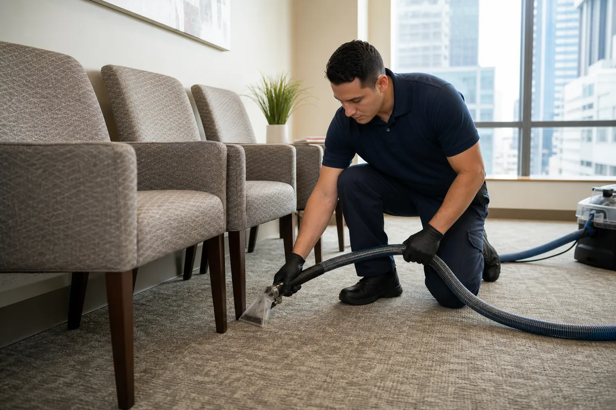 Detailed carpet cleaning around waiting-room chair legs without clinical equipment in view