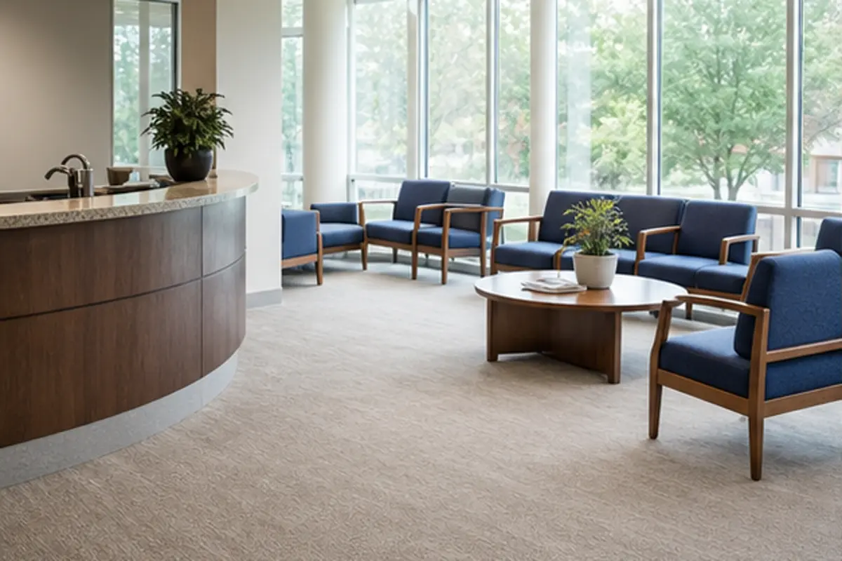 Technician cleaning carpet in an empty medical office corridor with clear access