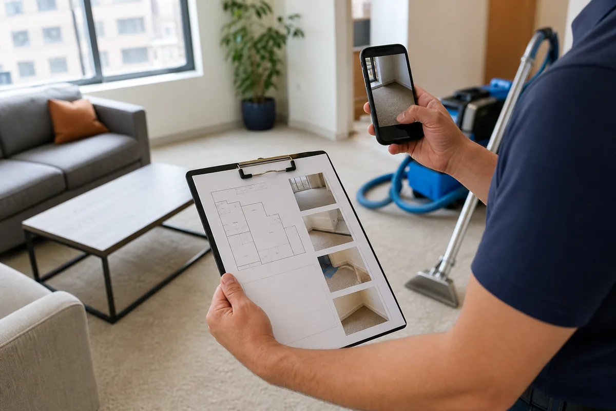 Close view of carpet condition notes and room photographs for a managed property record