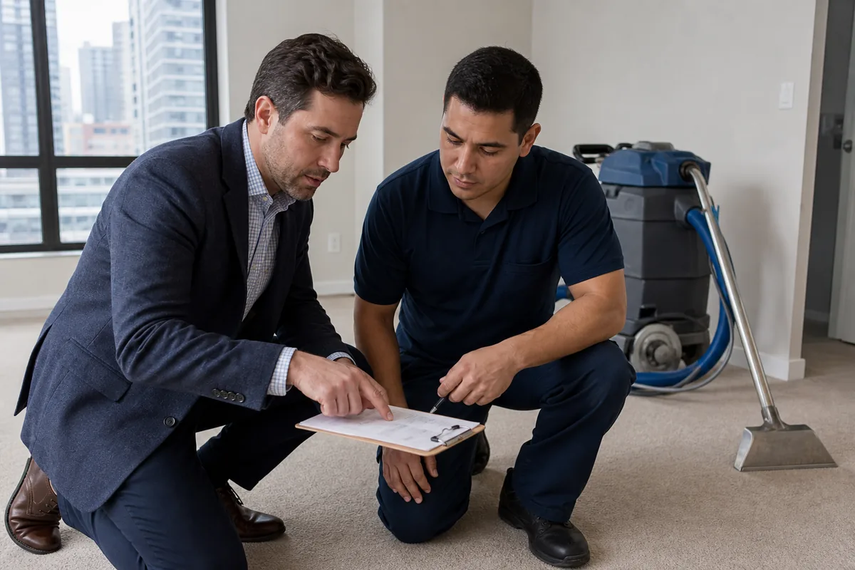 Hammond property manager and technician reviewing a carpet work order at a vacant unit