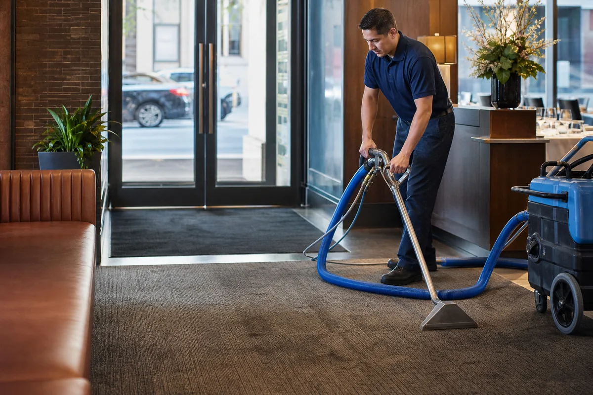 Host-area entry carpet showing winter soil near a maintained vestibule mat