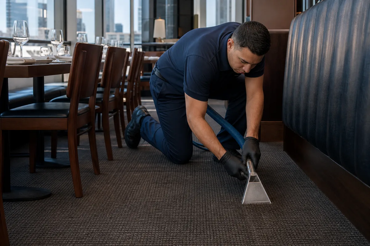 Hammond restaurant dining aisle with tables staged beside a defined carpet cleaning zone