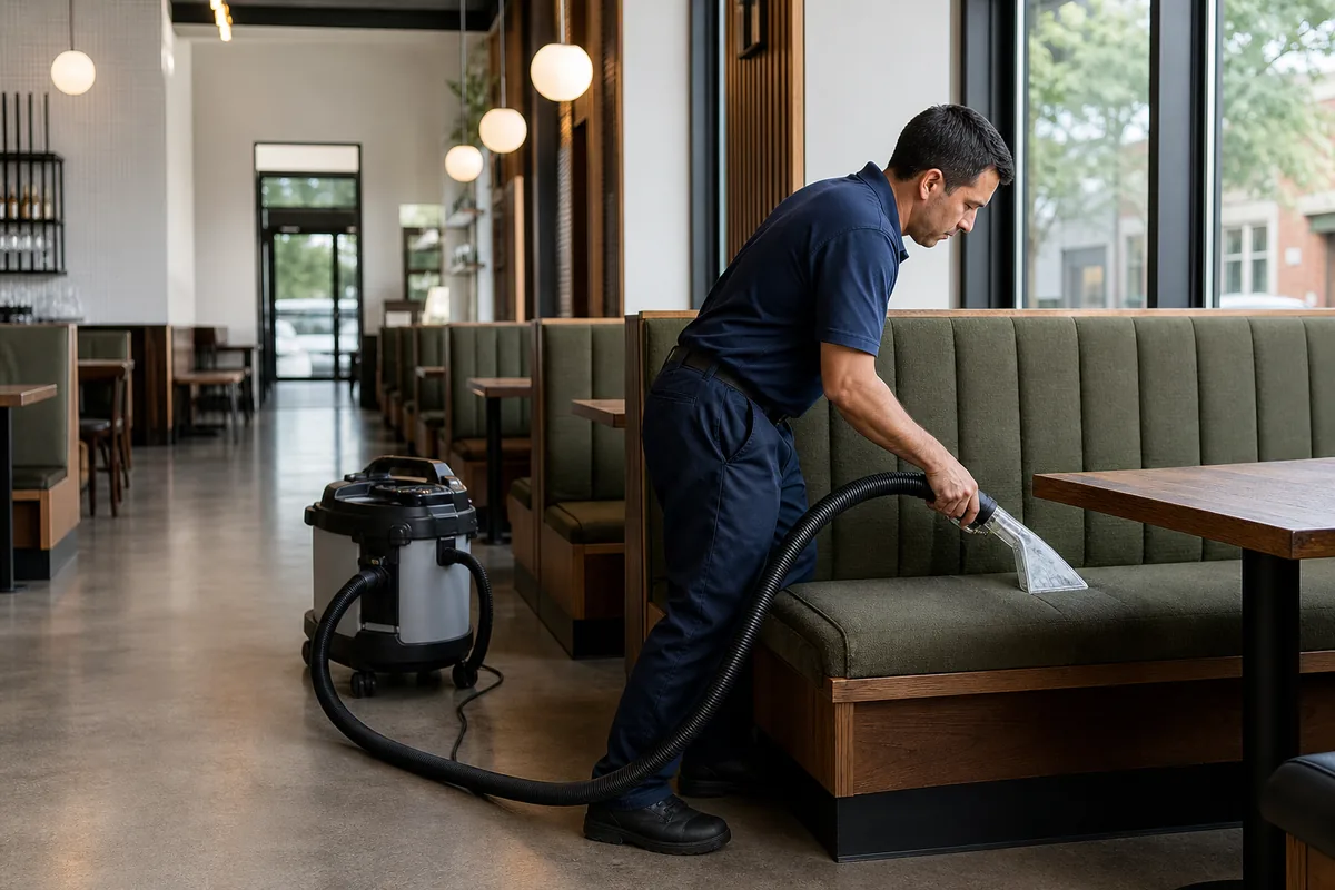Hammond restaurant dining aisle with tables staged beside a defined carpet cleaning zone