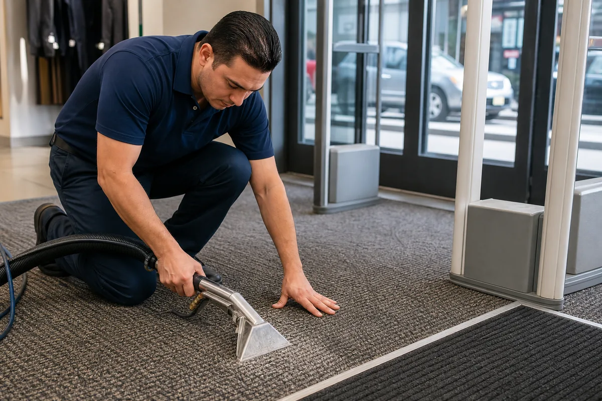 Hammond retail entrance carpet between maintained matting and security pedestals