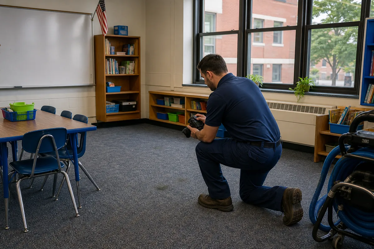 Technician documenting classroom carpet spots before furniture is shifted