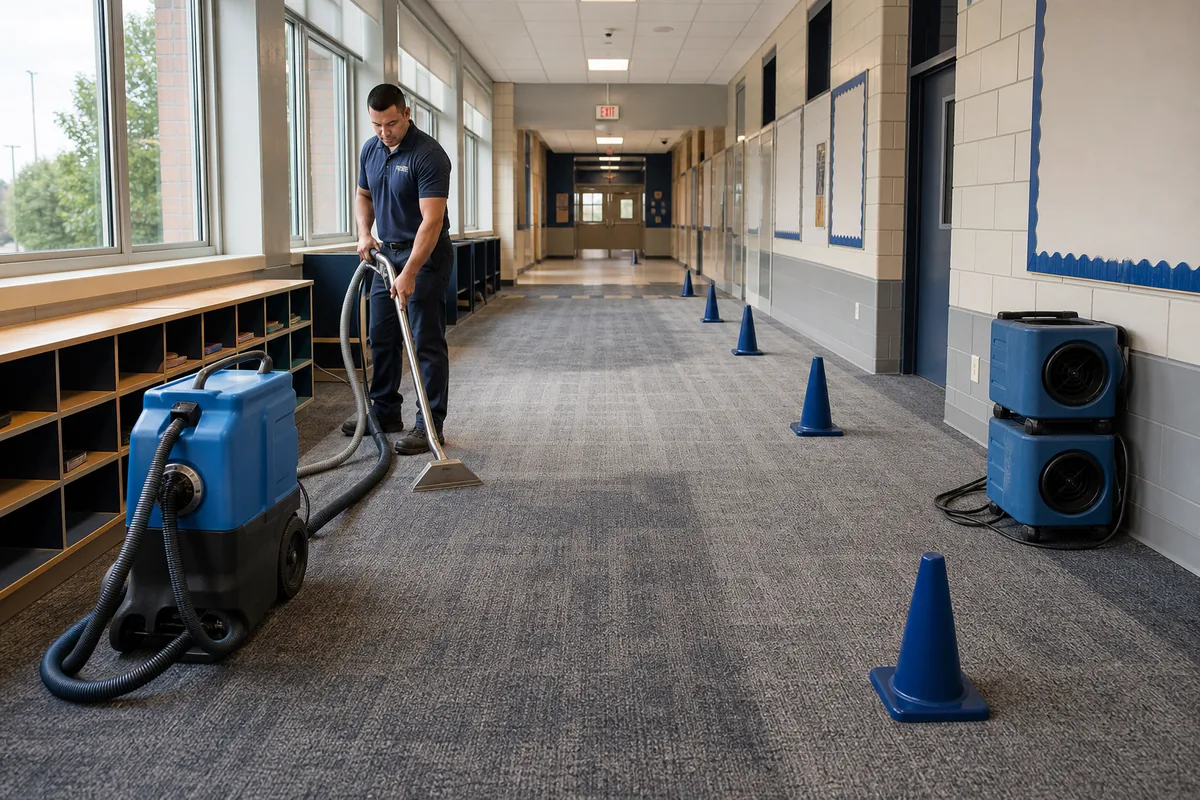 Cleaned school corridor divided into clear drying zones before room reset