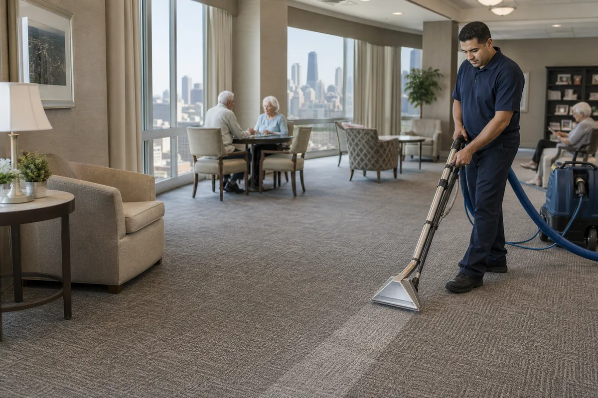 Senior living lounge with carpeted resident route and movable seating