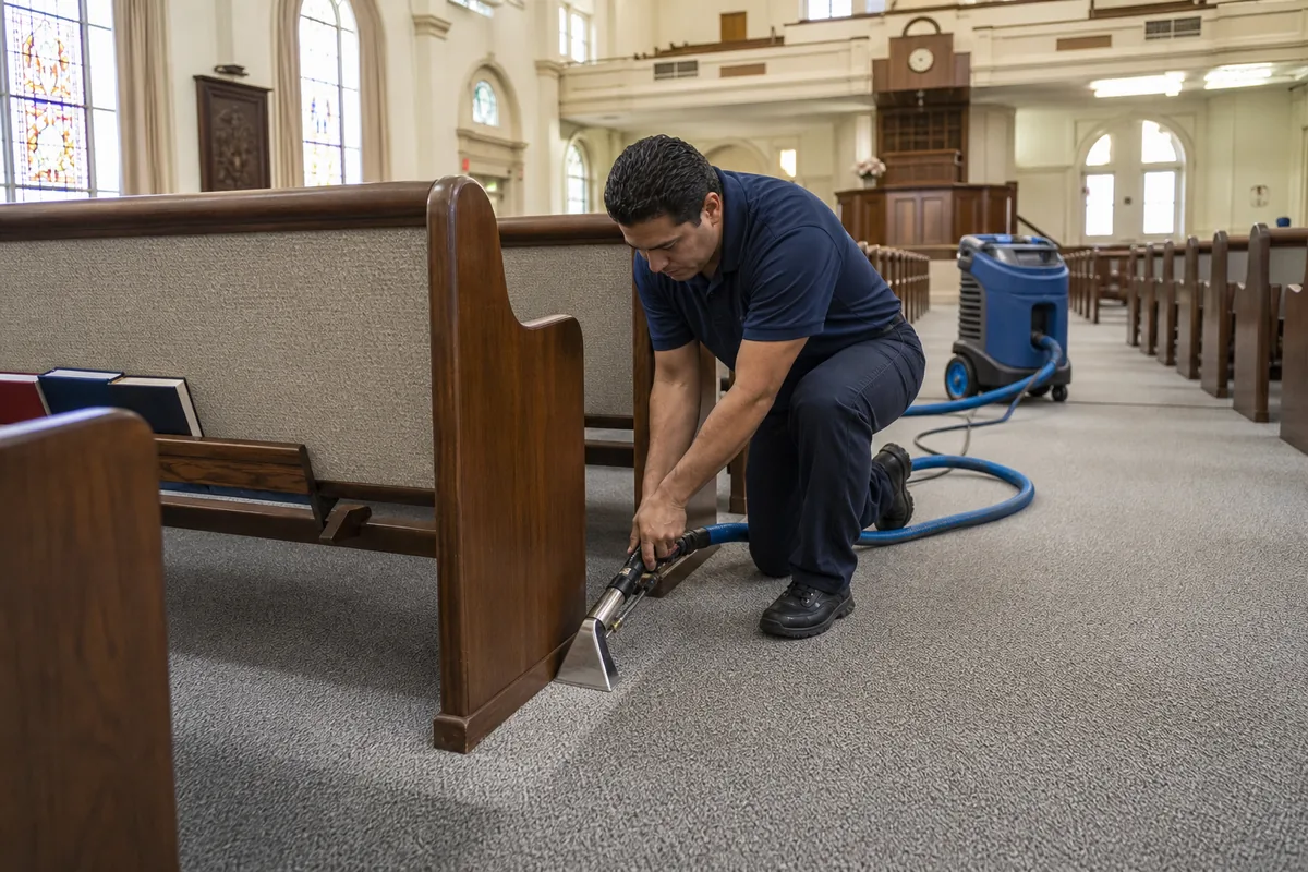 Technician detailing carpet along pew ends without contacting the woodwork