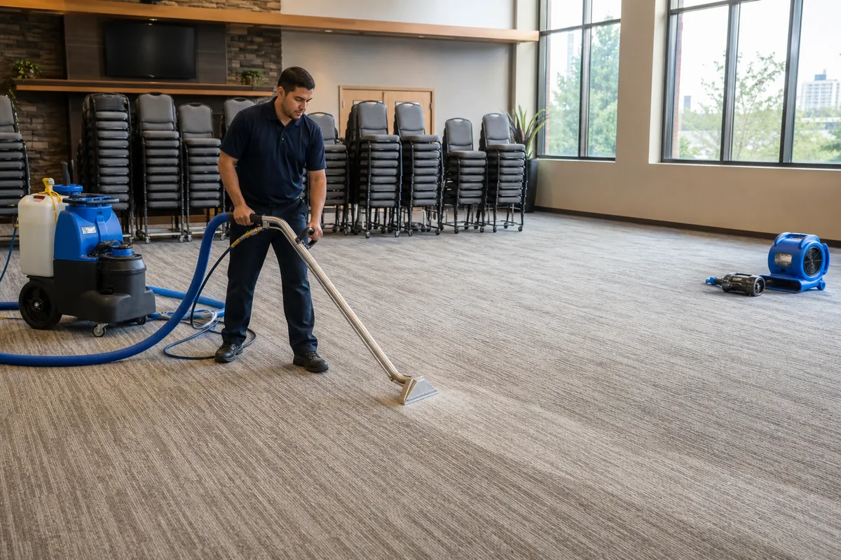Fellowship hall chairs stacked away from a freshly cleaned carpet zone