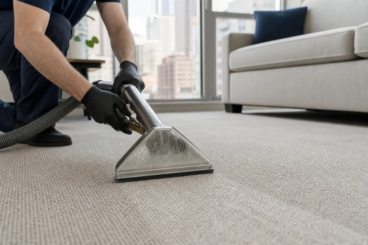 Technician preparing straight answers to northwest indiana carpet cleaning questions in a Hammond home