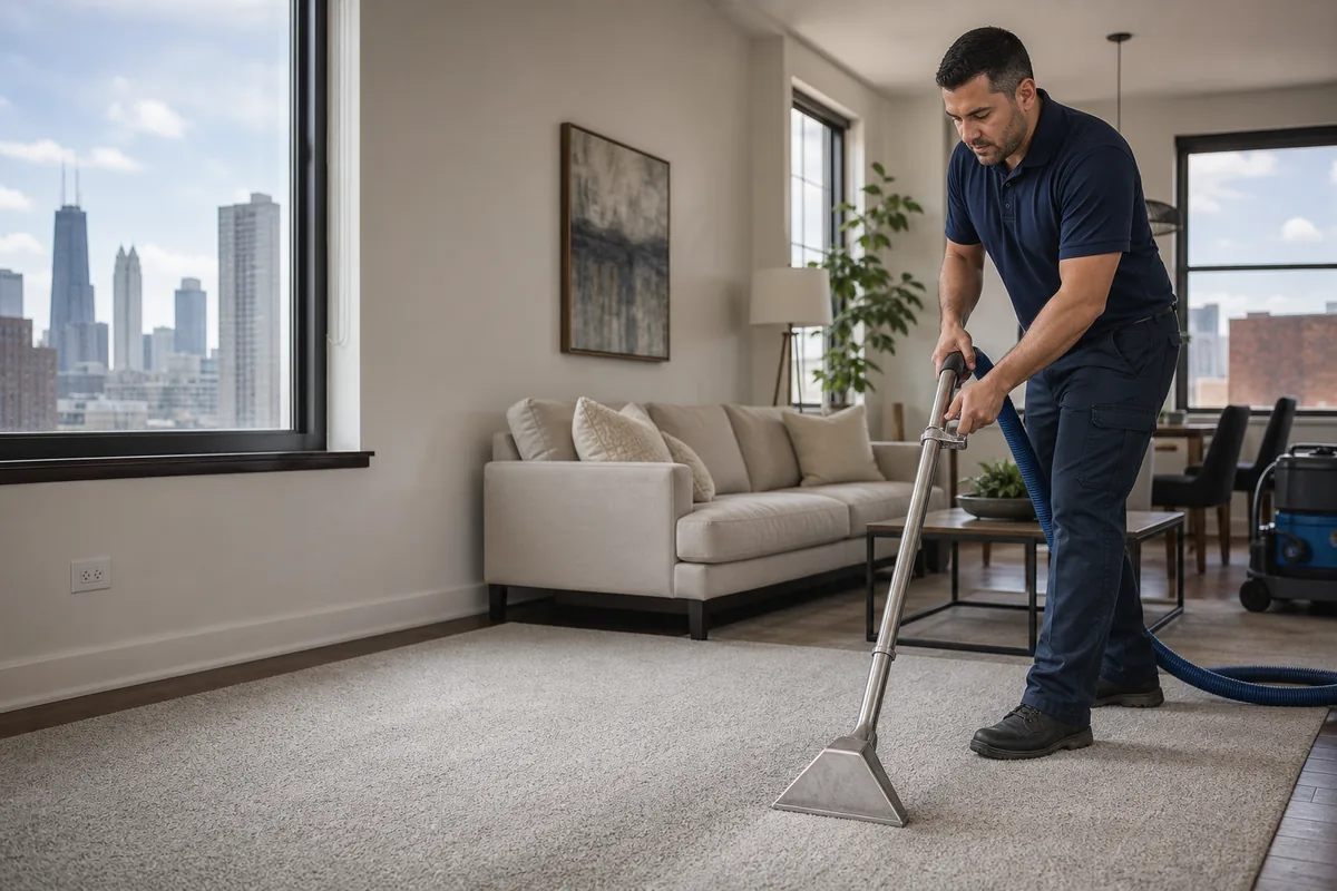 Technician preparing straight answers to northwest indiana carpet cleaning questions in a Hammond home