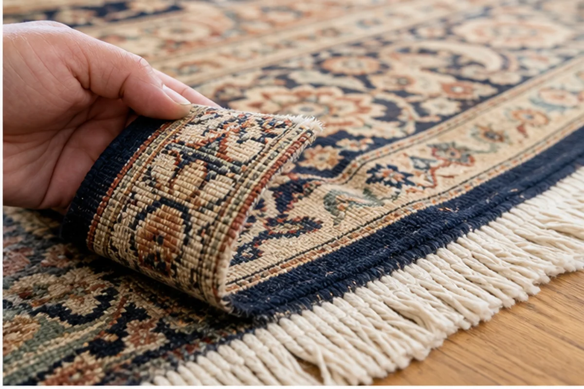 Close professional detail of area rug cleaning assessment in a Crown Point home