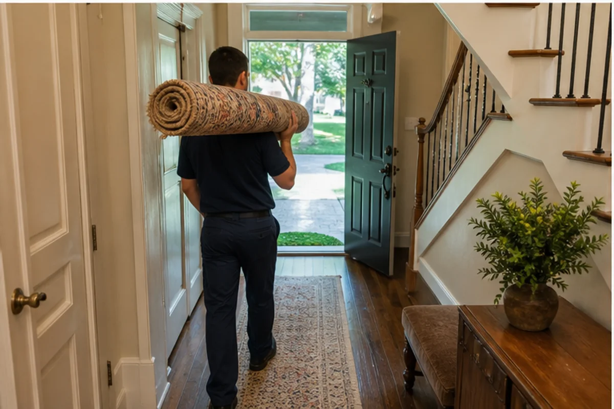 A Highland interior prepared with a clear access path for area rug cleaning