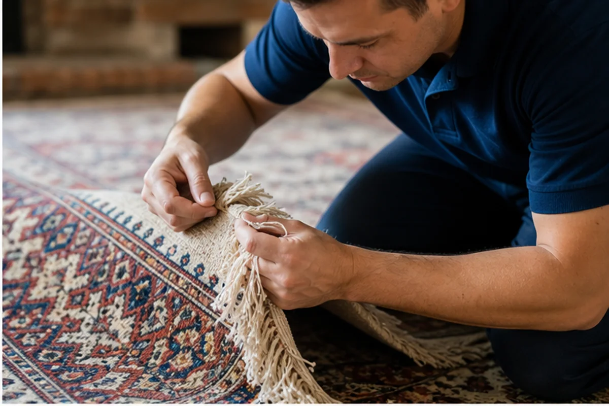 Close professional detail of area rug cleaning assessment in a Highland home