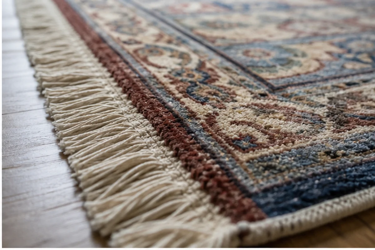 Close professional detail of area rug cleaning assessment in a St. John home