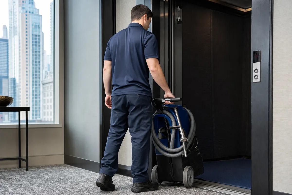 Technician entering a Northwest Indiana condo service elevator with compact carpet-cleaning equipment