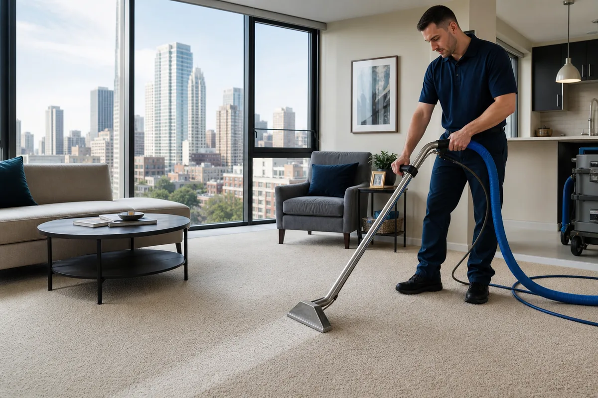 Technician entering a Northwest Indiana condo service elevator with compact carpet-cleaning equipment