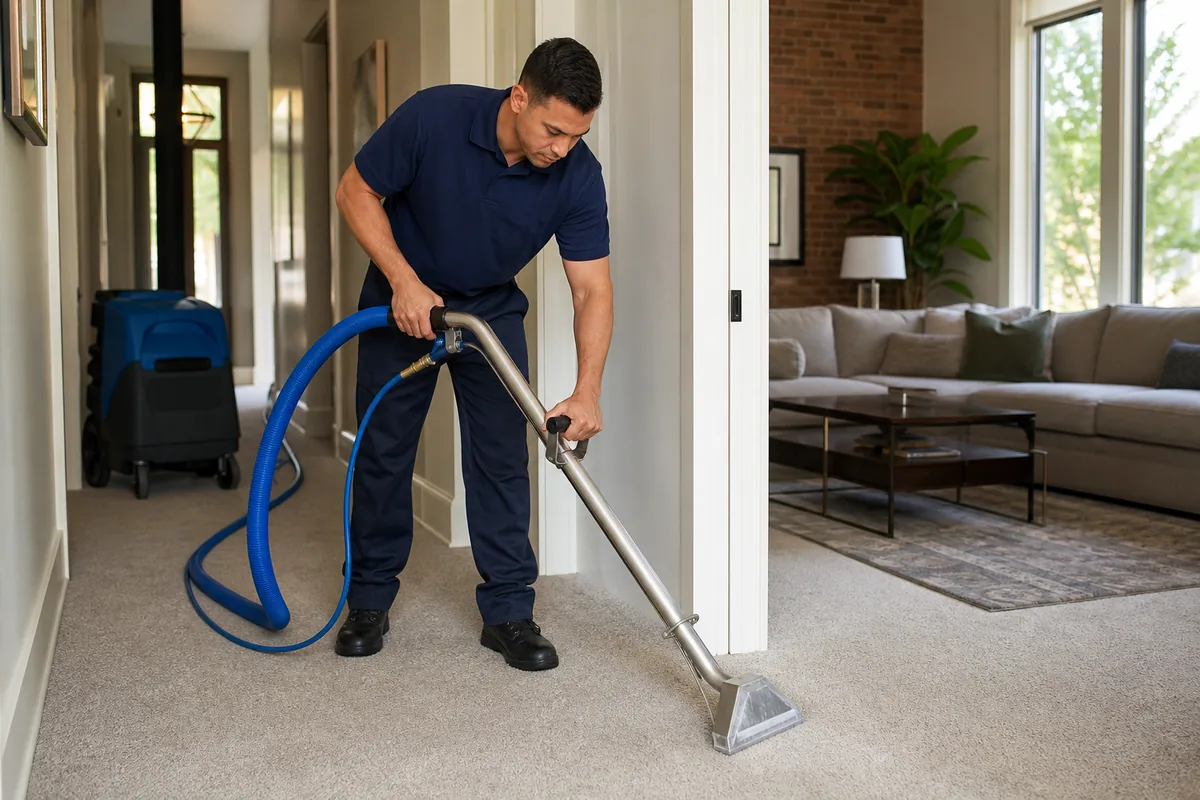 Technician detailing the turning path where a hallway meets a living room