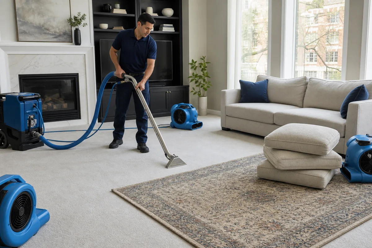 Area rug and sofa cushions staged separately while living room carpet dries