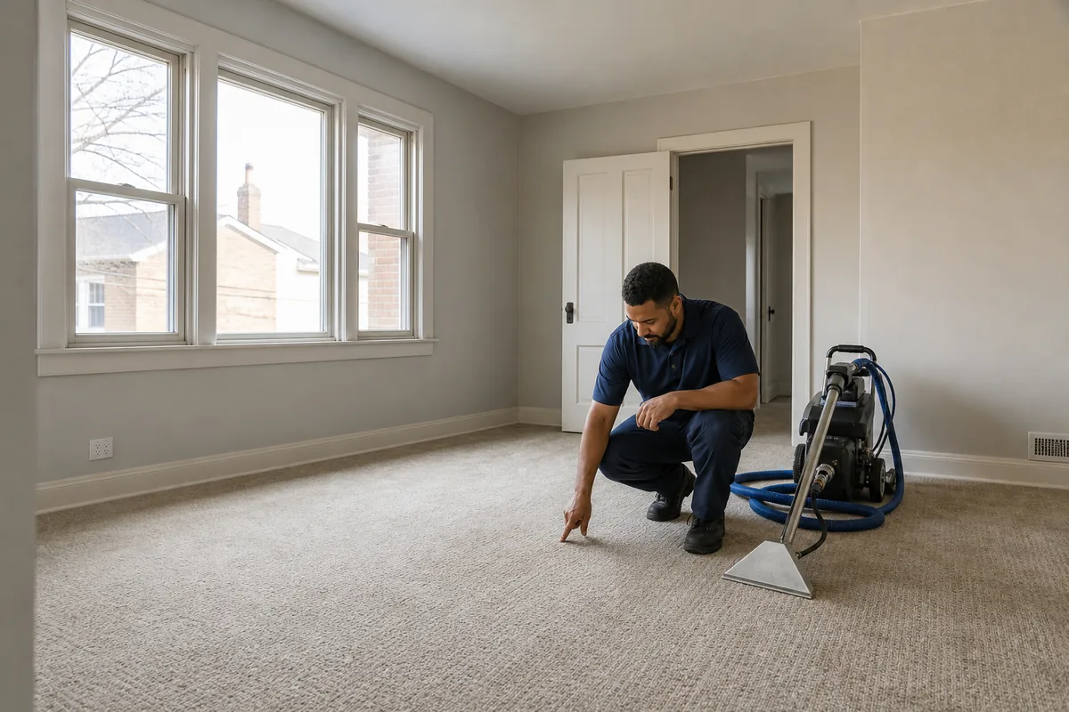Technician inspecting carpet traffic lanes in a vacant bungalow bedroom
