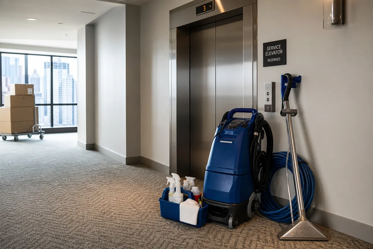 Cleaning equipment staged beside a reserved service elevator without blocking the corridor