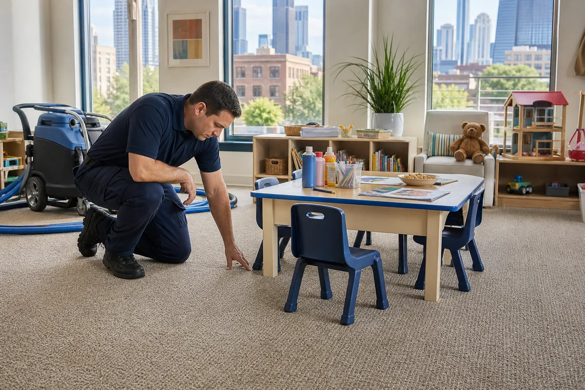 Technician inspecting a craft and snack spot beside a child-size table