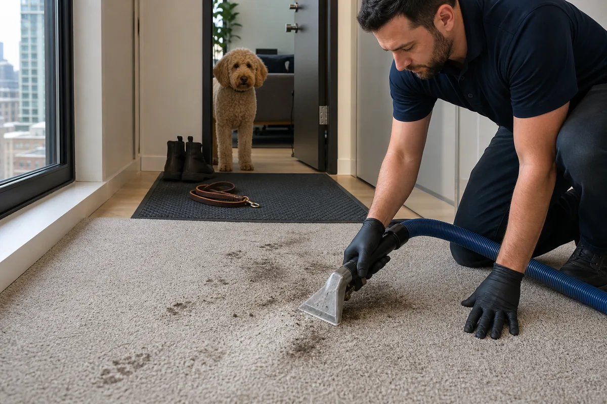 Hammond-area apartment entry with dog leash, washable mat, and tracked winter soil on carpet