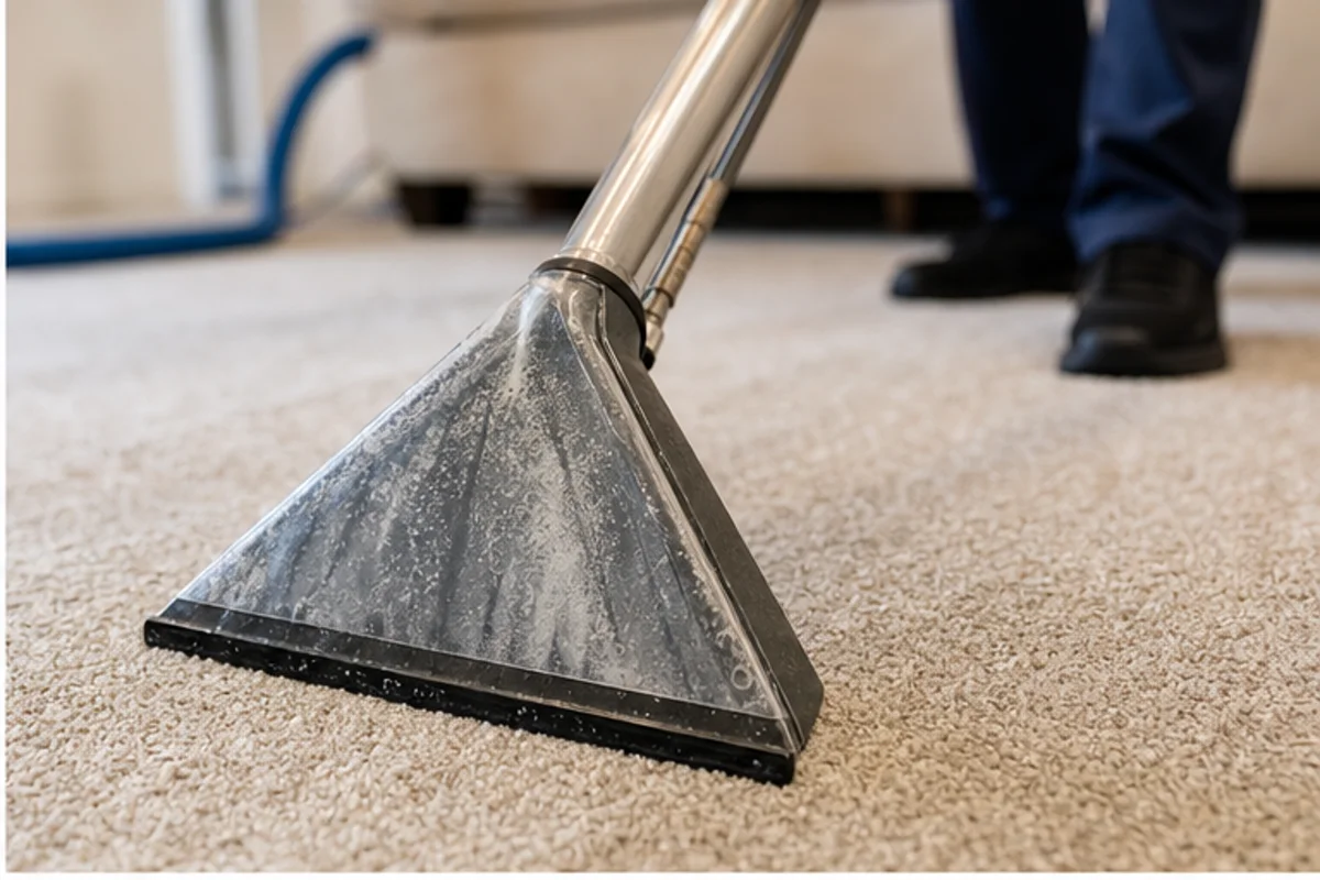 Close professional detail of carpet cleaning assessment in a Crown Point home