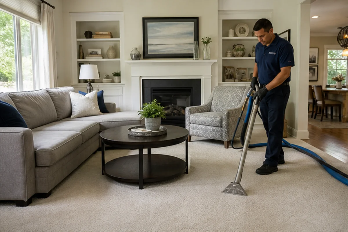 A bright lived-in room with freshly maintained residential carpet in a Munster home for carpet cleaning