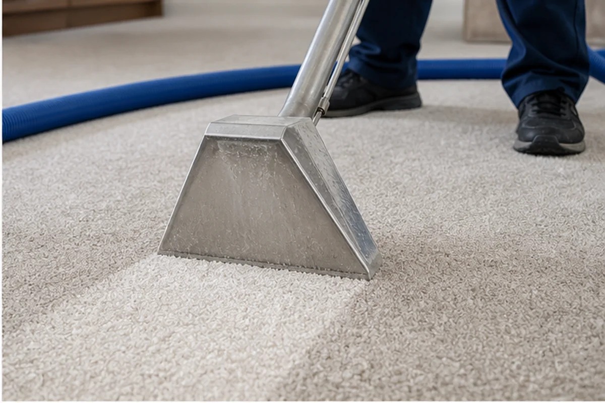 Close professional detail of carpet cleaning assessment in a St. John home