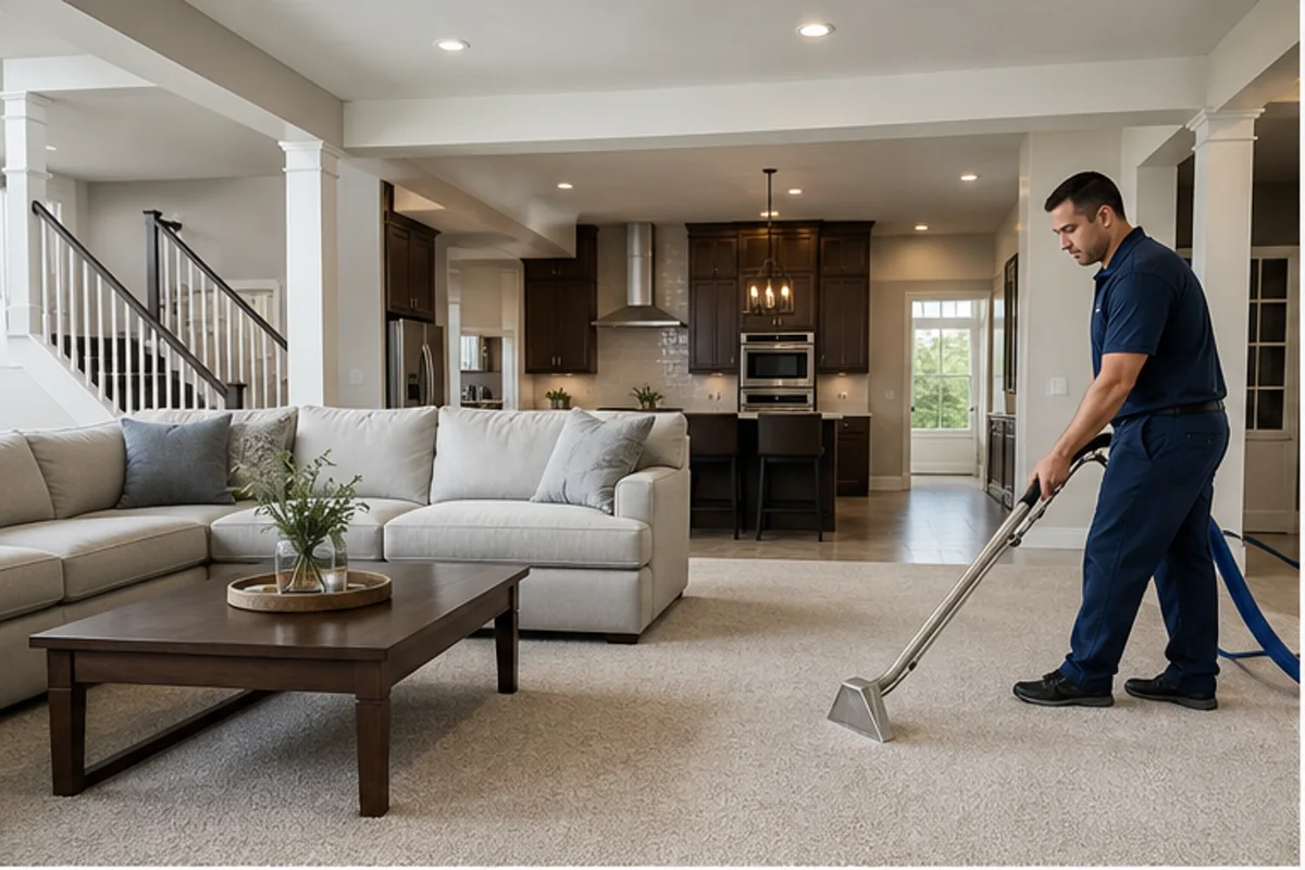 A bright lived-in room with freshly maintained residential carpet in a St. John home for carpet cleaning