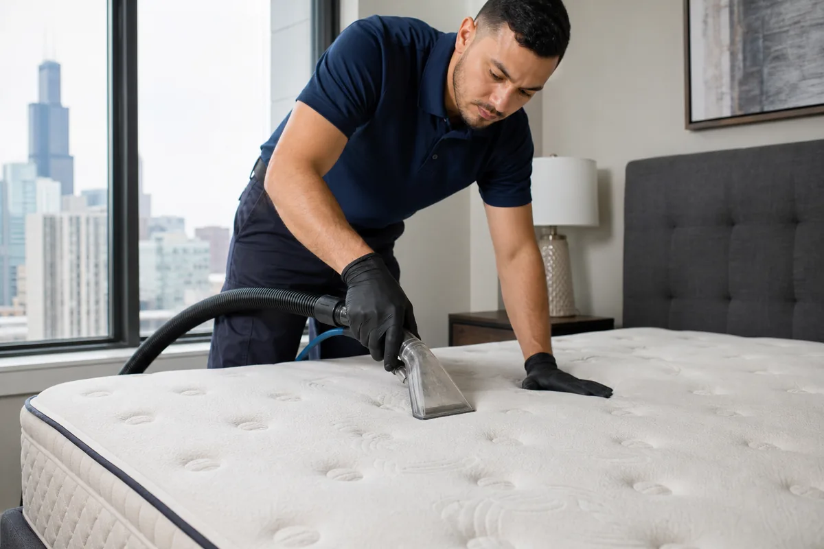 Stripped mattress in a Hammond bedroom with tufting, seams, and edge panels visible for inspection