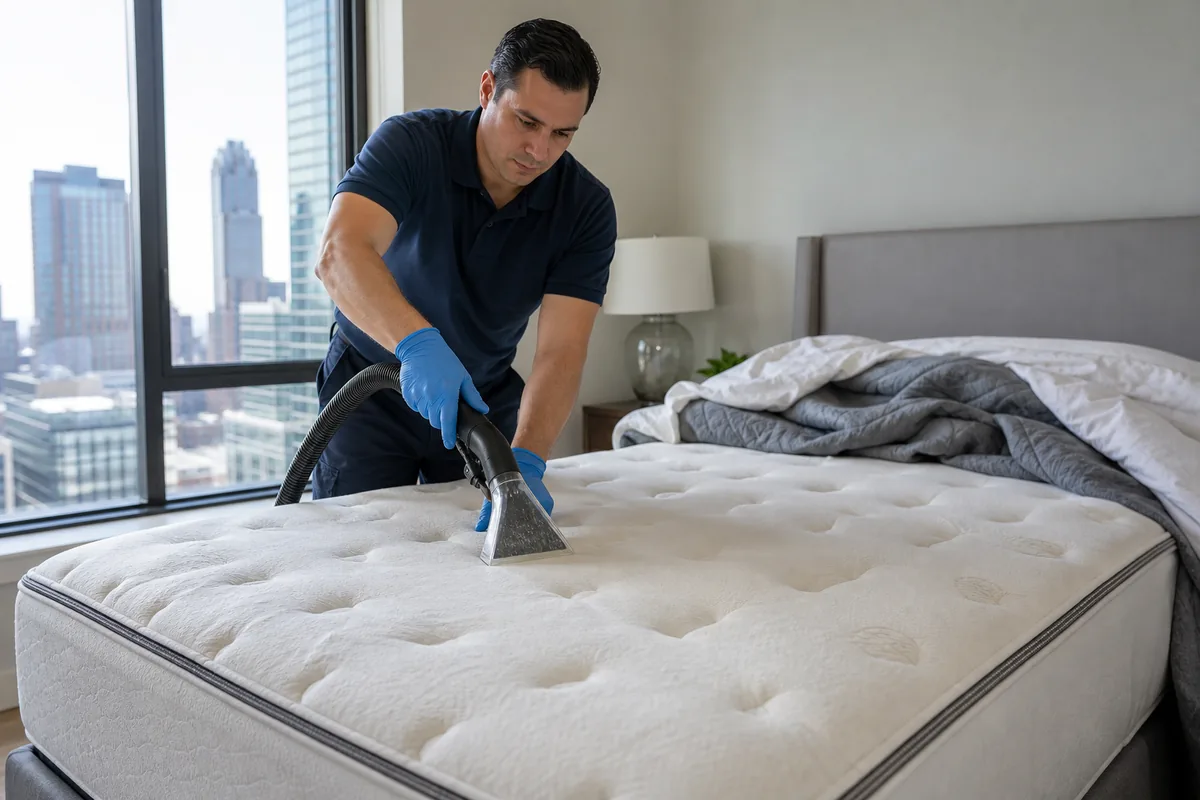 Stripped mattress in a Hammond bedroom with tufting, seams, and edge panels visible for inspection