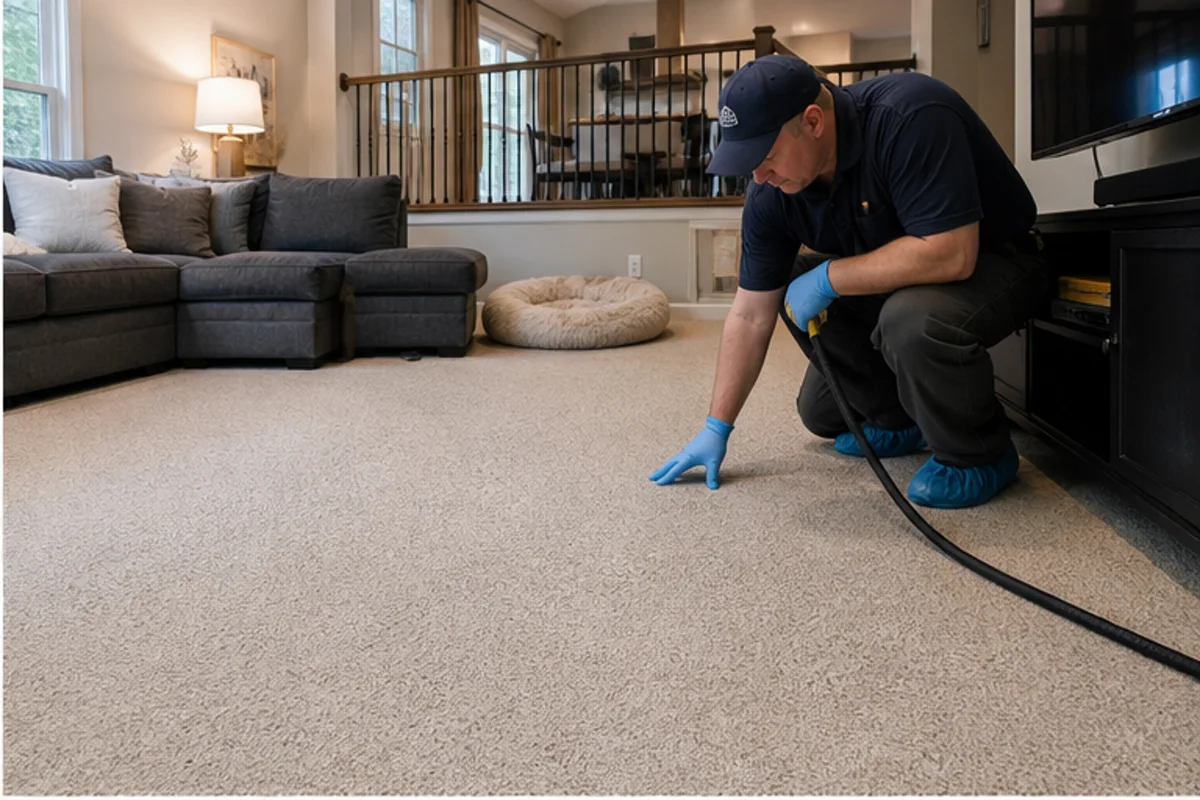 Close professional detail of pet odor removal assessment in a Highland home