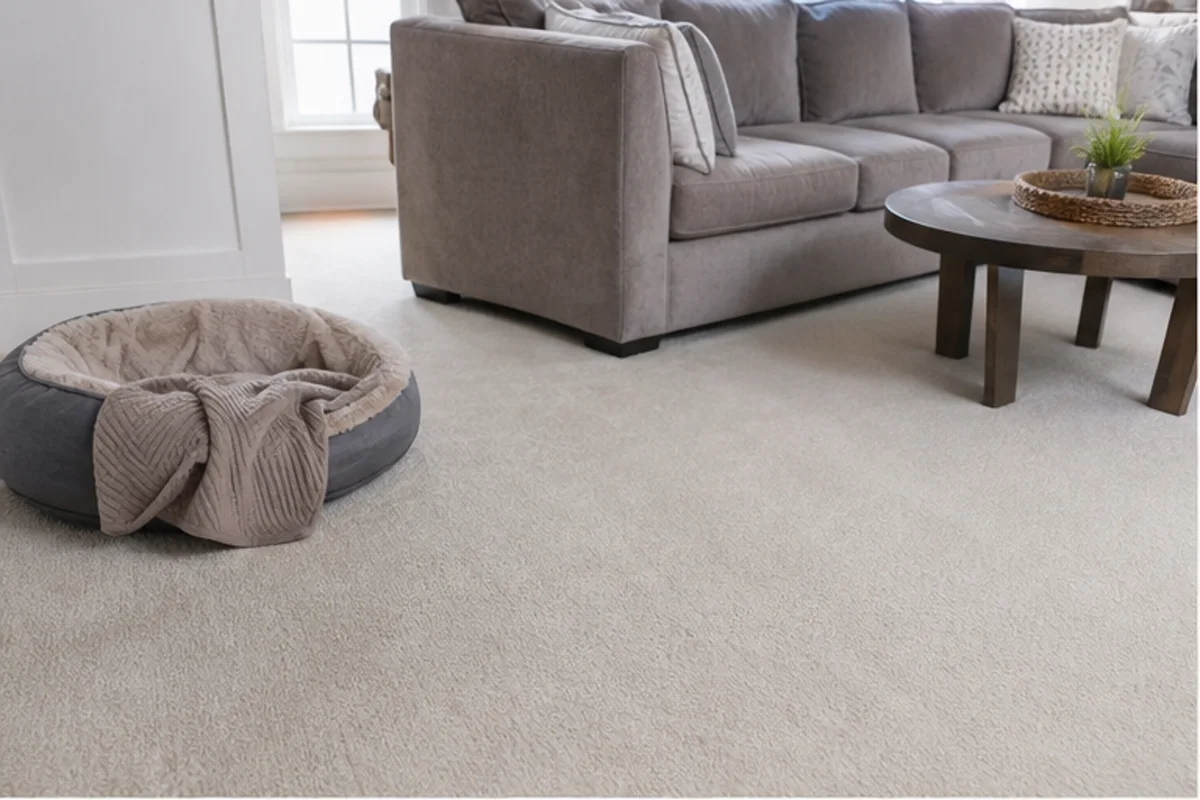 A calm family room with clean carpet, a pet bed moved aside, and generous daylight in a St. John home for pet odor removal